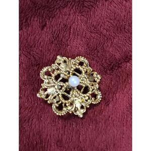 Vintage Tacoa Brooch Pin Goldtone W/Pearl 1.5" 70's Signed 3D Filigree EUC